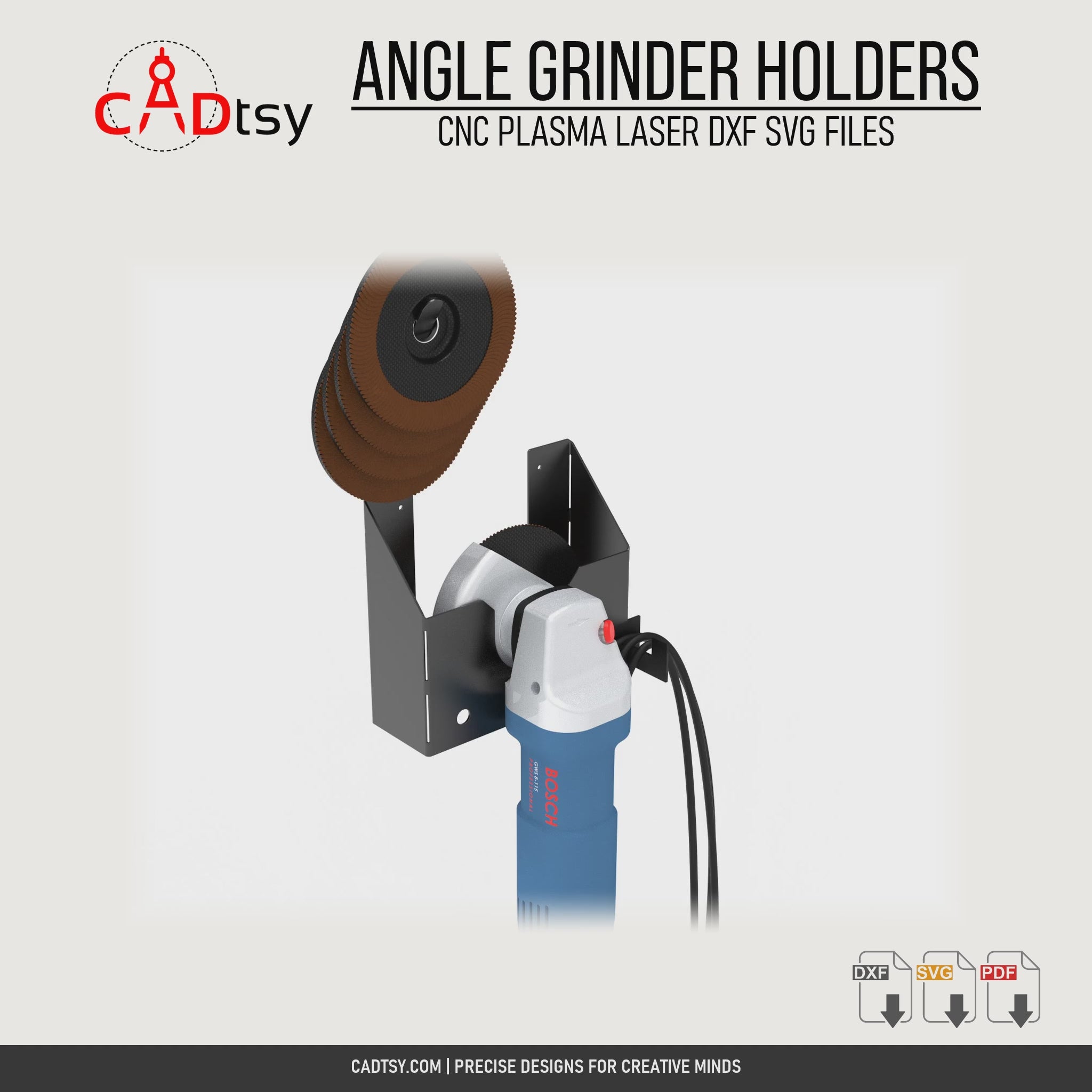 Rotating view of a wall-mounted angle grinder holder with grinding-disc storage