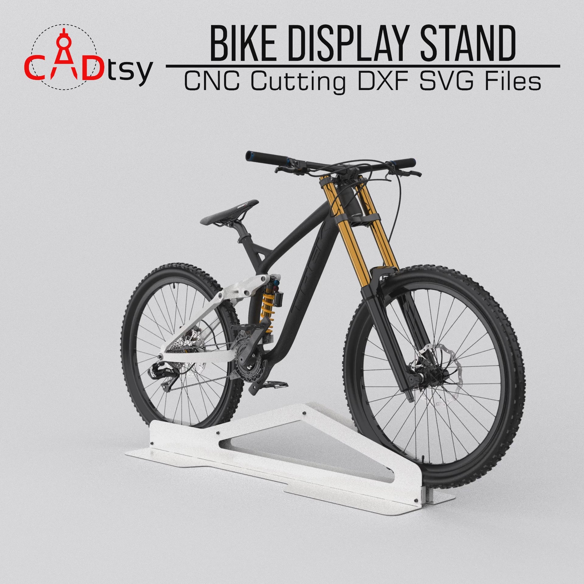 Bike Stand DXF Plasma Cutting CNC Files - A high-quality CNC and plasma cutting file for a metal bike display stand, perfect for showcasing mountain bikes and other bicycles in garages or shops