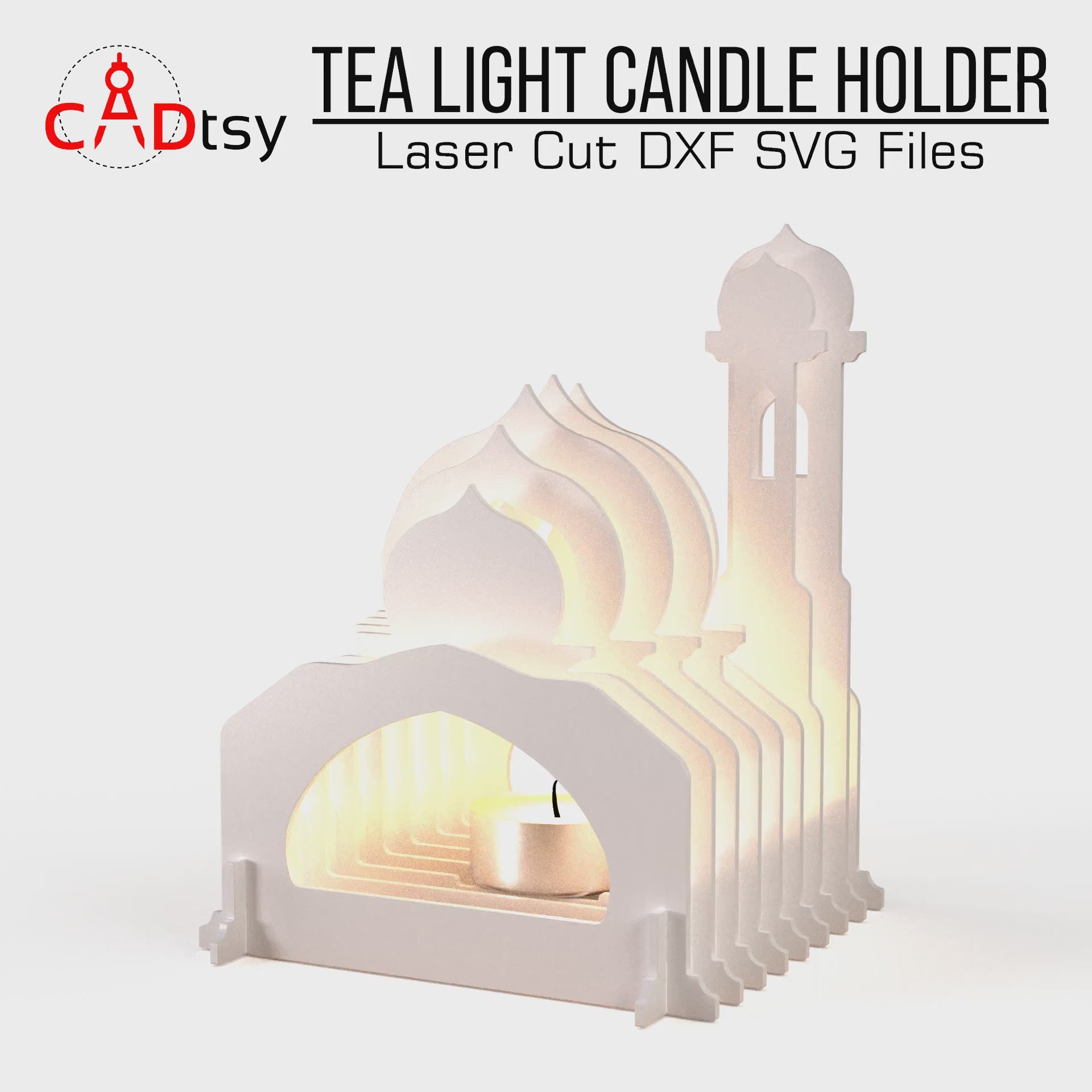 Mosque-shaped tea light candle holder made from laser-cut layers, with a glowing tea light inside. Islamic Ramadan gift decor. Design available as SVG and DXF files for laser cutting machines like Glowforge and Cricut