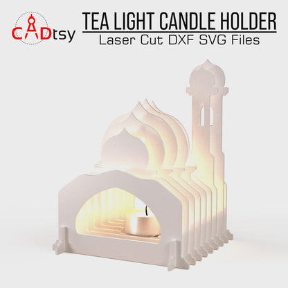 Mosque-shaped tea light candle holder made from laser-cut layers, with a glowing tea light inside. Islamic Ramadan gift decor. Design available as SVG and DXF files for laser cutting machines like Glowforge and Cricut