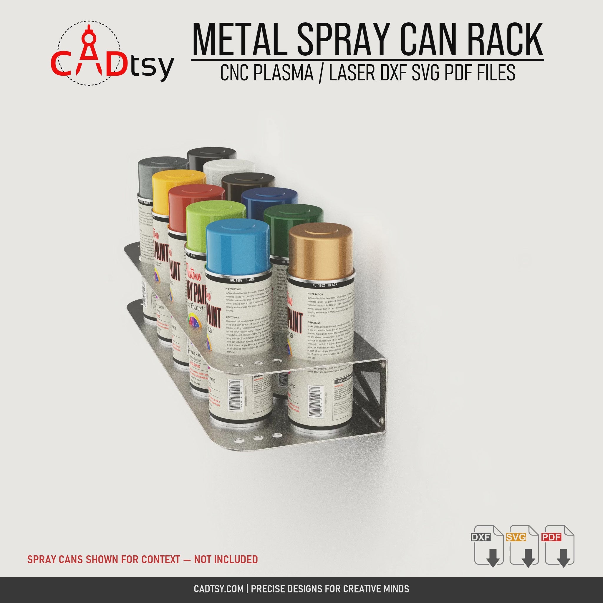 Branded 3D rotation of the metal spray can rack with eleven spray cans shown for context