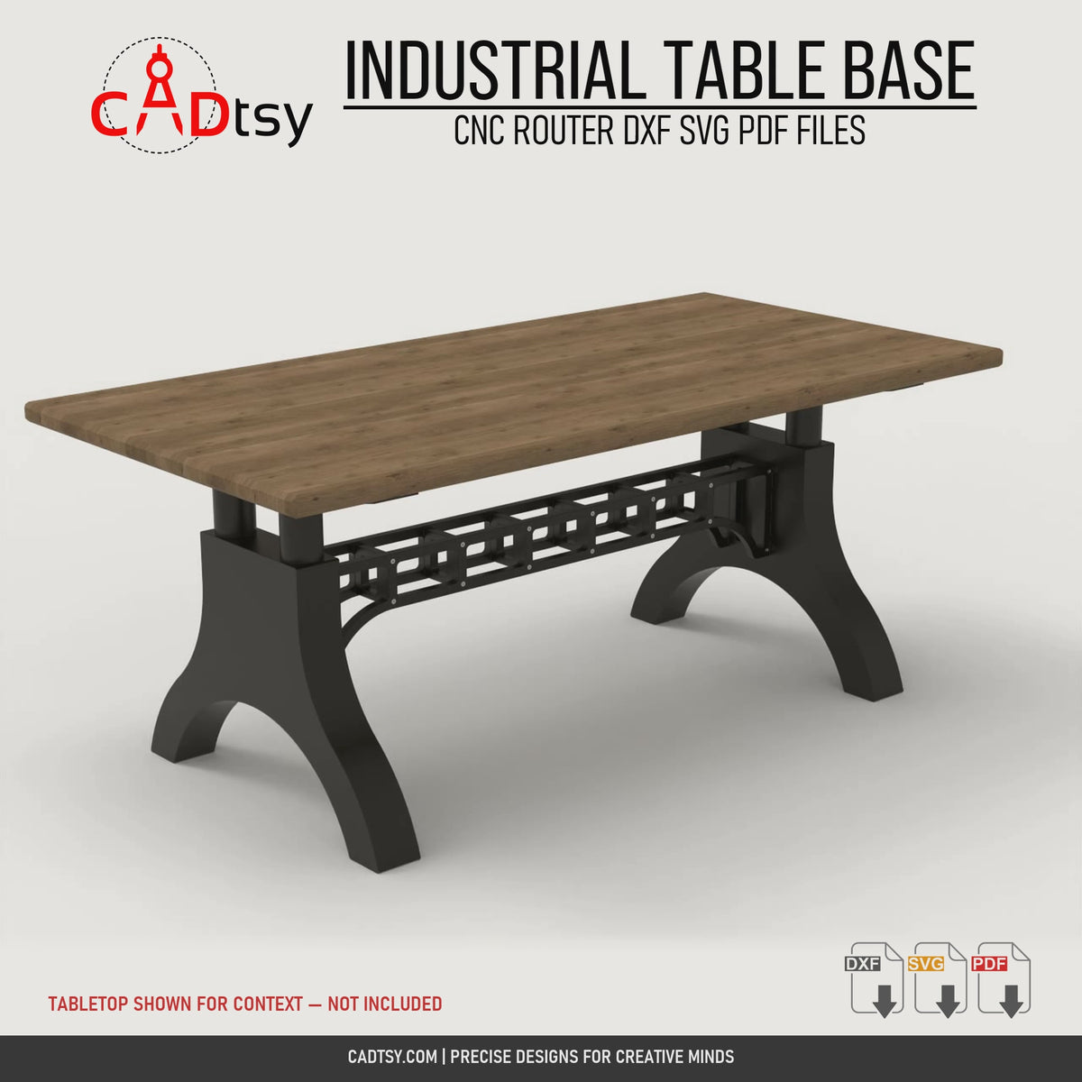 Rotating view of the vintage industrial plywood CNC table base; tabletop shown for context and not included