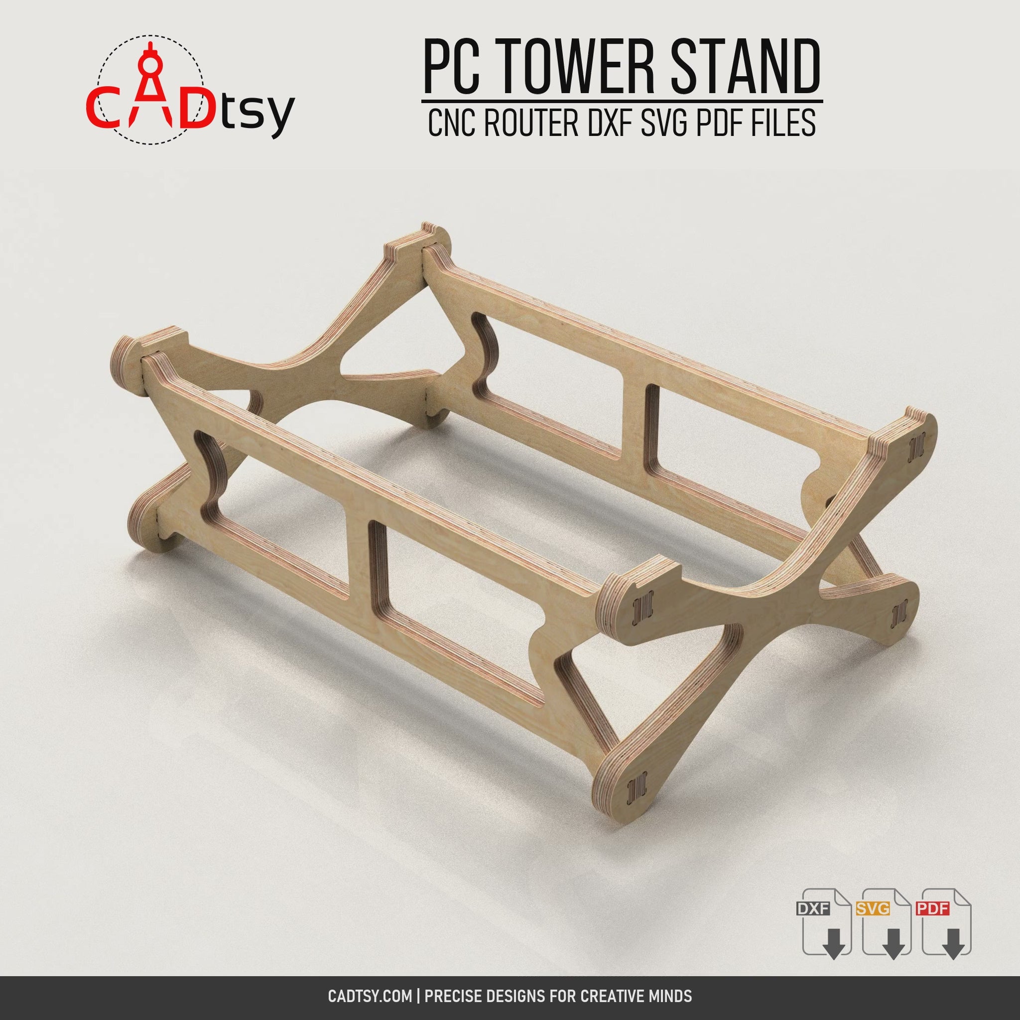 Plywood PC tower stand rotating through a complete product view