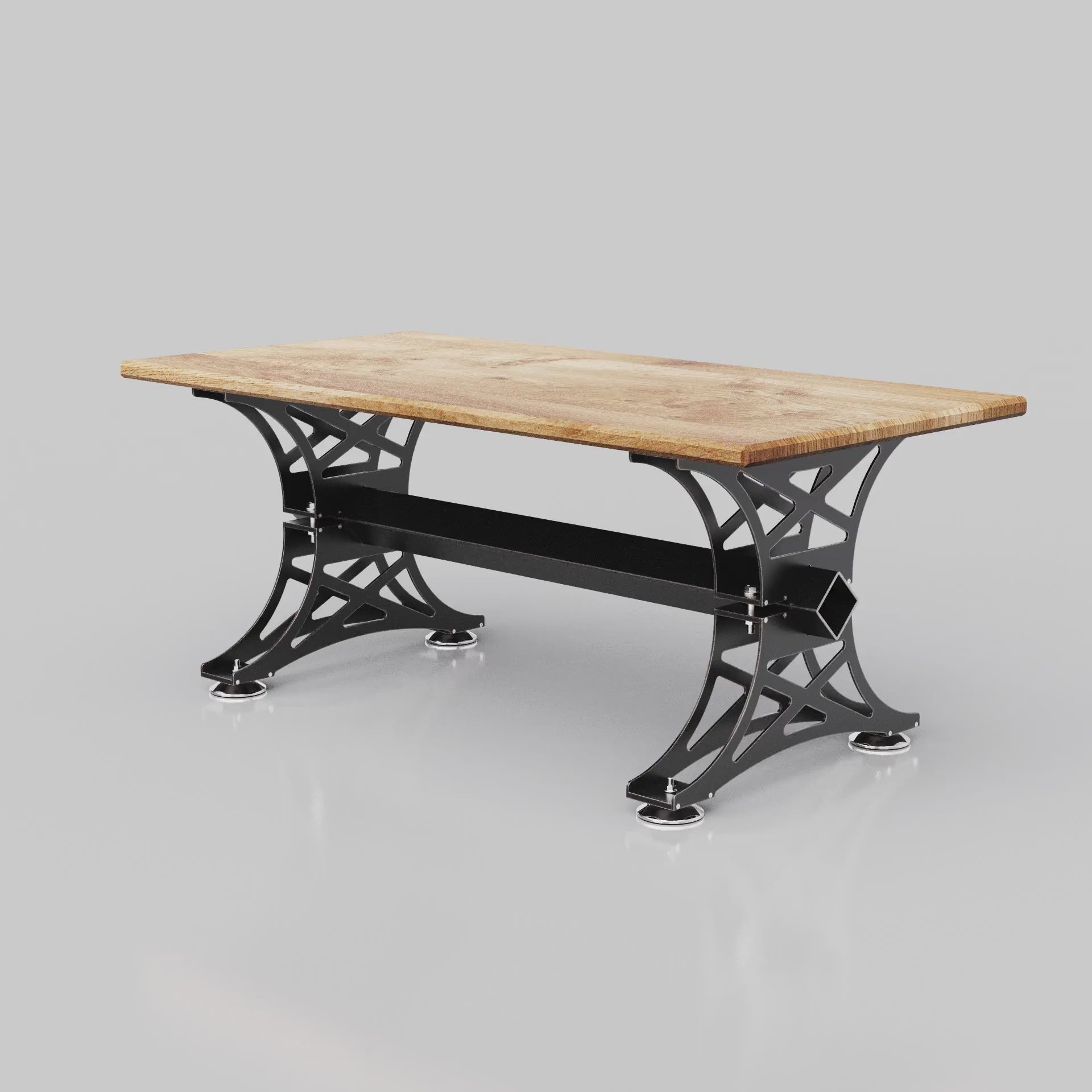 3D model rotation of an industrial metal table leg base designed from plasma dxf files for CNC cutting and assembly.