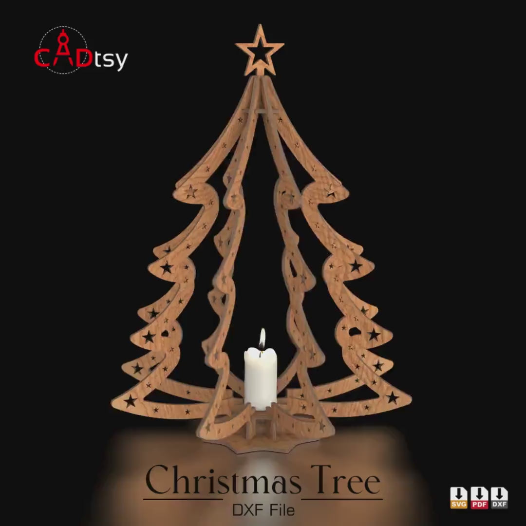 Christmas Tree CNC Laser Cutting DXF / SVG File, Plywood Candle Holder Lamp Festive Decor, Digital Download.