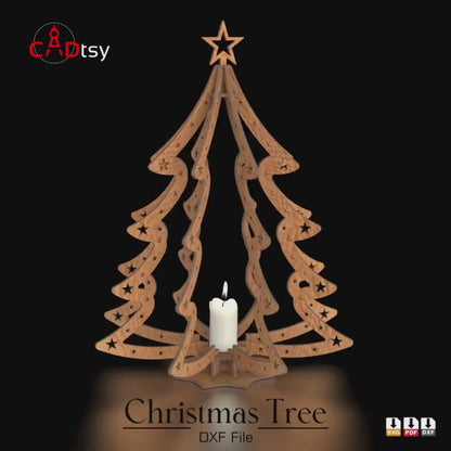 Christmas Tree CNC Laser Cutting DXF / SVG File, Plywood Candle Holder Lamp Festive Decor, Digital Download.