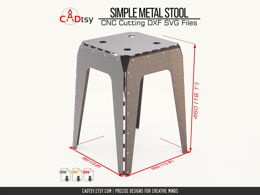 Finished riveted metal stool dimensions: 350 mm wide, 350 mm deep, and 460 mm high