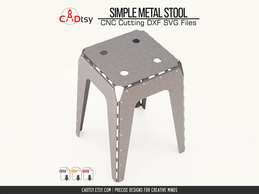Top view of riveted sheet metal stool showing seat holes and slotted bend lines