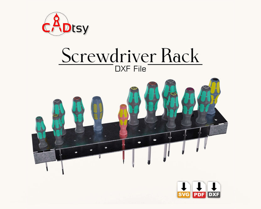 Wide view of screwdriver wall rack loaded with tools