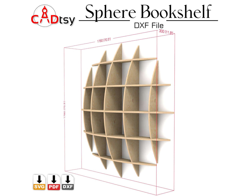 Sphere bookshelf with dimension box showing curved wall shelf depth
