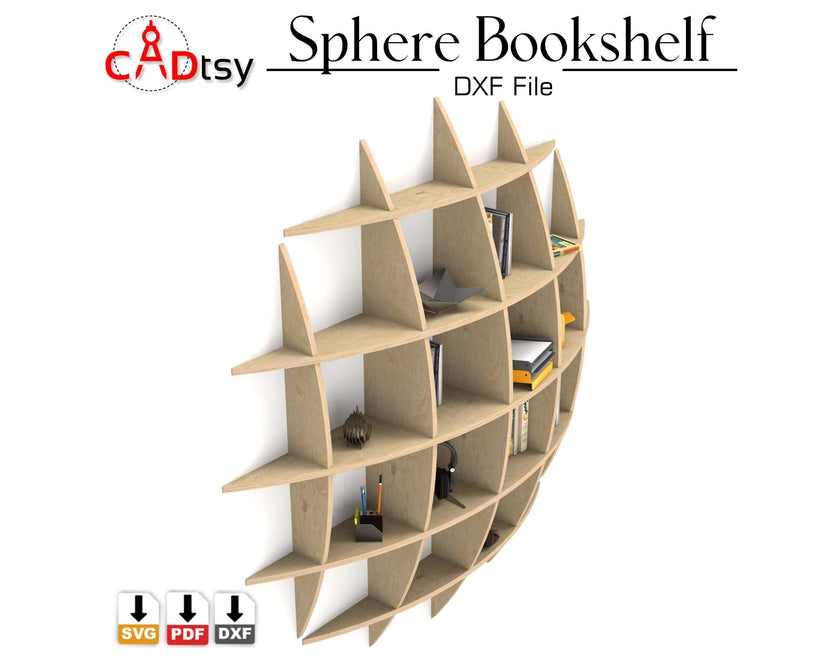 Sphere bookshelf with books and decor, right side angle