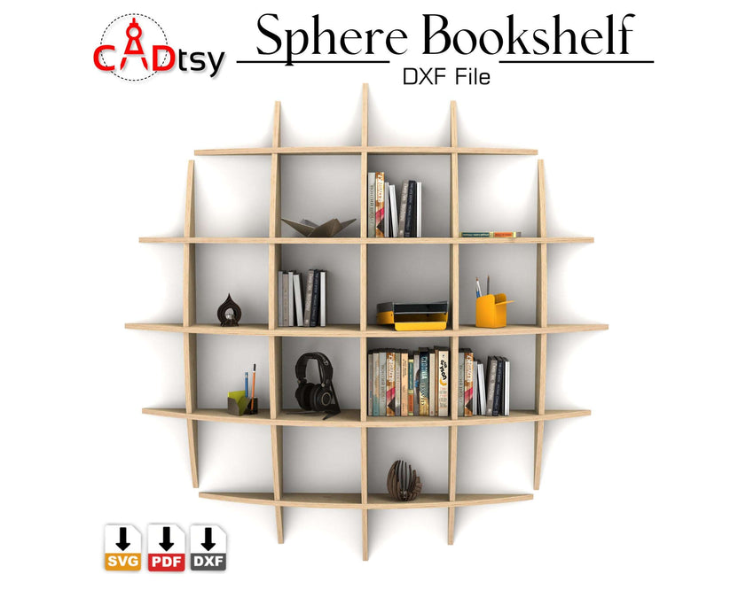 Sphere bookshelf filled with books and small decor, straight front view