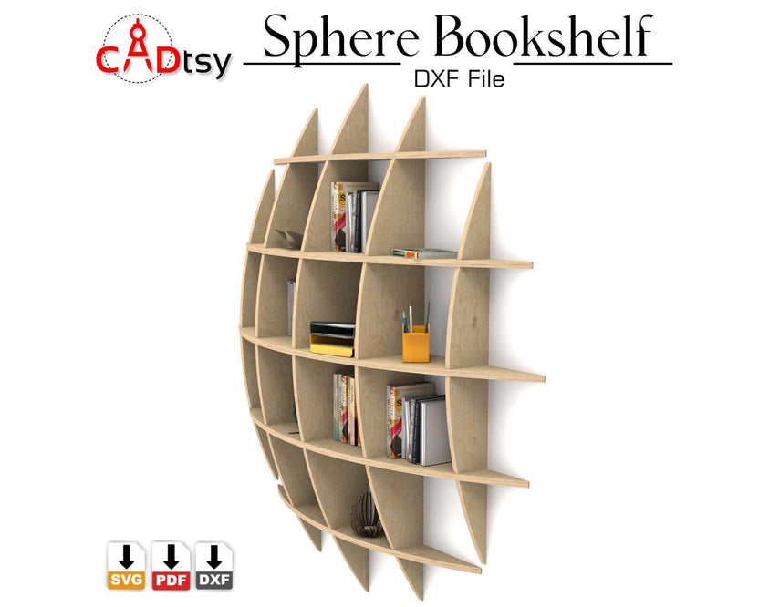 Sphere waffle bookshelf with books, viewed from right side
