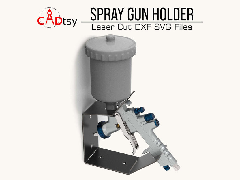 Wall-mounted black spray gun holder with paint gun and gravity cup
