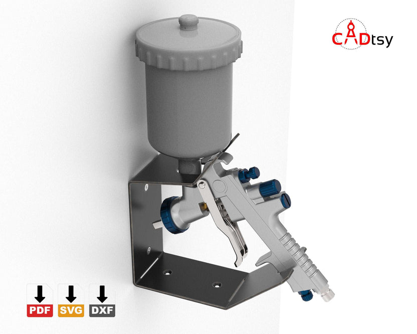 Wall-mounted spray gun holder with paint gun, left side view