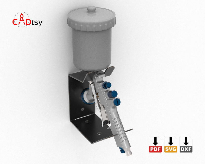 Wall-mounted spray gun holder with gravity-feed paint gun, front view