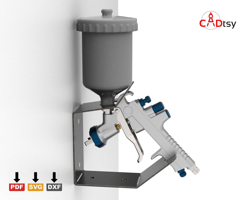 Wall-mounted spray gun holder with paint gun, right side view