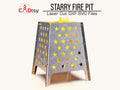A metal star fire pit, made from a dxf file, glowing warmly with a fire under a starry night sky.