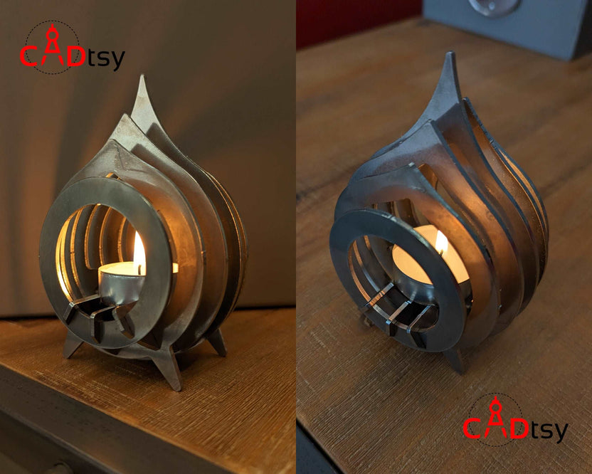 Lit metal tea light candle holder shown in two real photo views