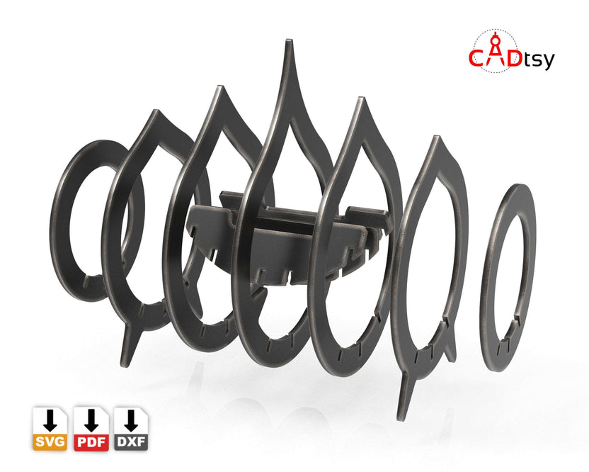 Exploded view of metal tea light holder with ring and flame panels