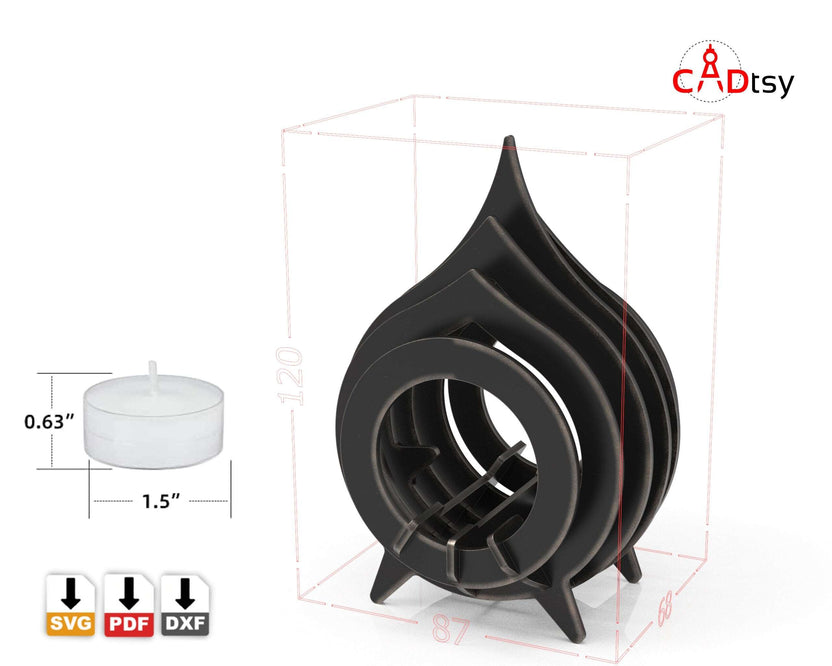 Tea light candle holder render with dimensions and candle size