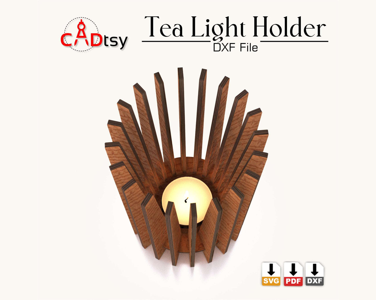 CADtsy Tea Light Candle Holder. Laser cut wooden brown plywood candlestick Lamp. Cylinder-shaped decor for a cozy home interior