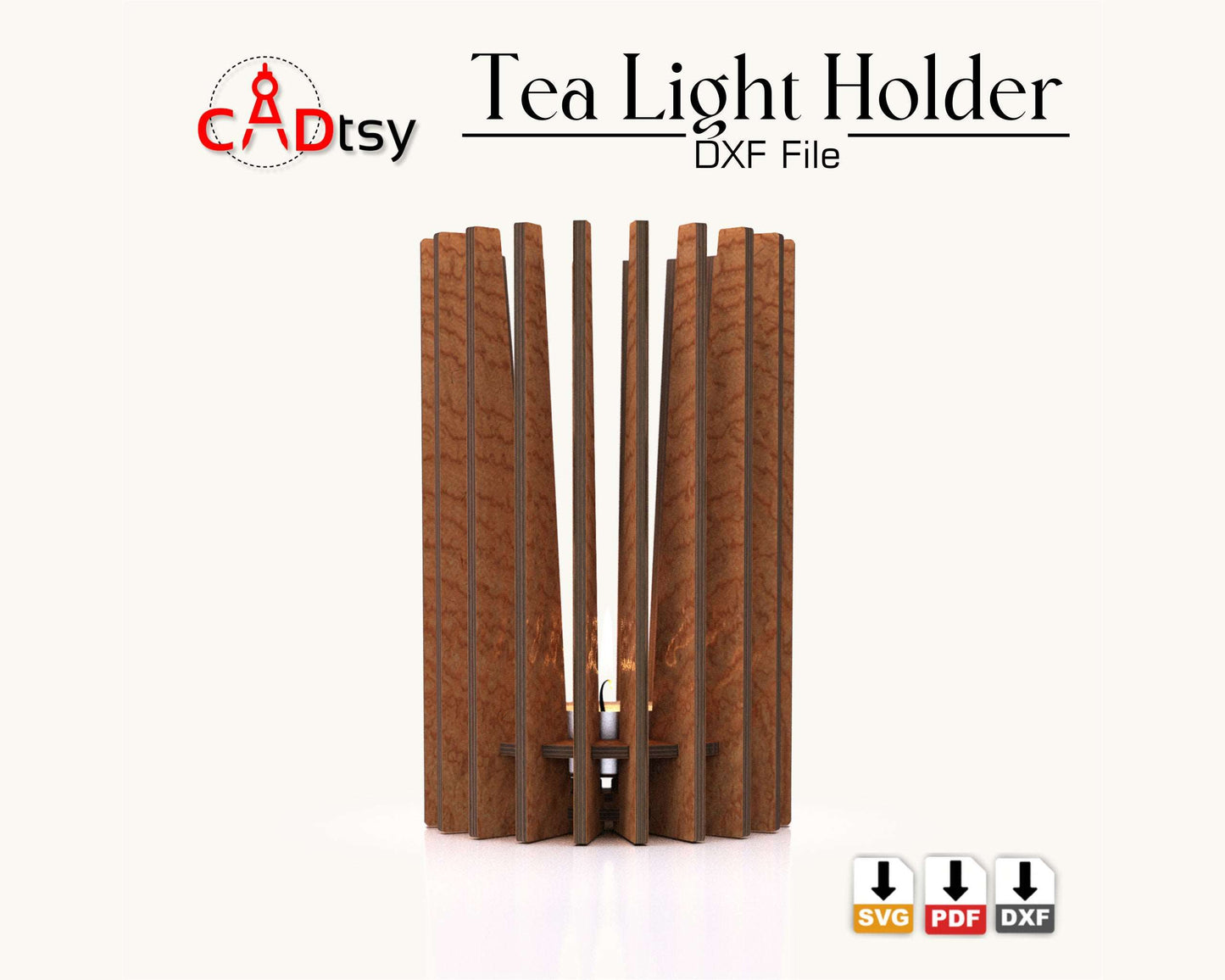 CADtsy Tea Light Candle Holder. Laser cut wooden brown plywood candlestick Lamp. Cylinder-shaped decor for a cozy home interior