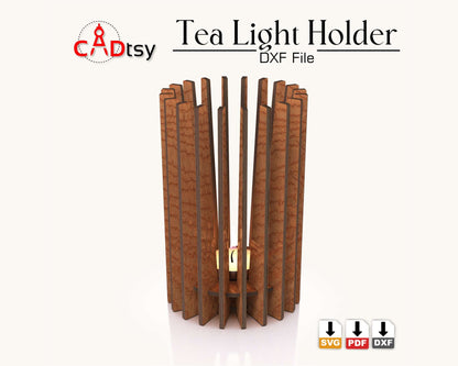 CADtsy Tea Light Candle Holder. Laser cut wooden brown plywood candlestick Lamp. Cylinder-shaped decor for a cozy home interior