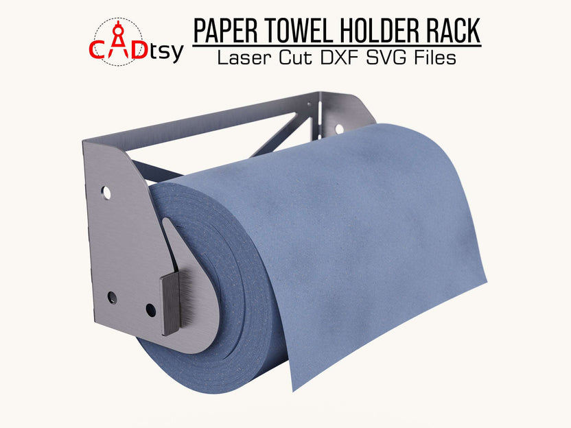 Wall-mounted metal paper towel rack holding a blue shop towel roll