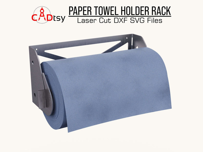 Angled render of paper towel rack holding blue shop towel roll