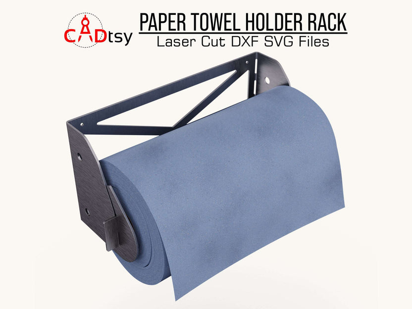 Paper towel rack with blue roll, angled front view