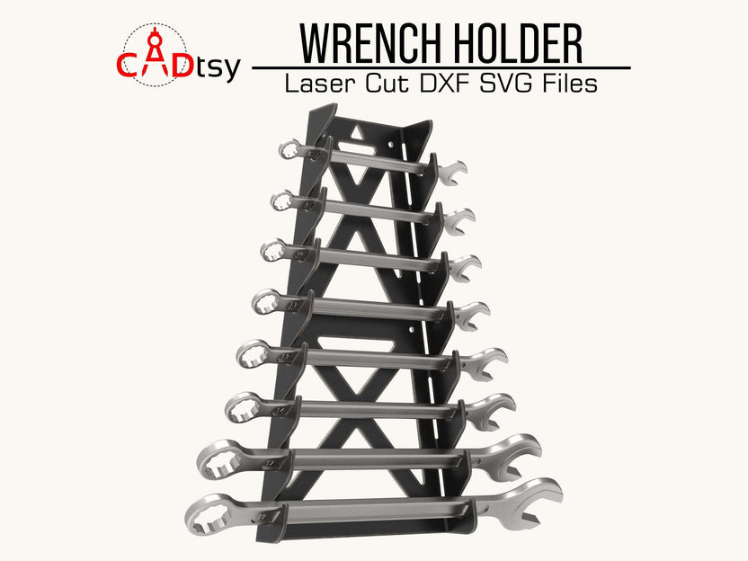 Black vertical wrench holder filled with combination wrenches, front view