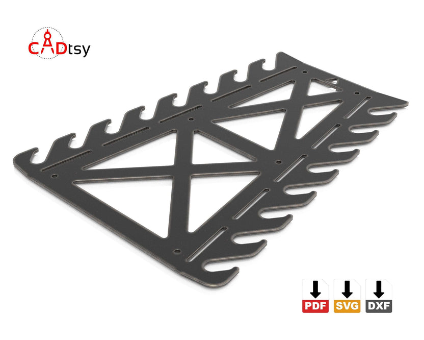 Empty black wrench holder frame with side slots, low angle
