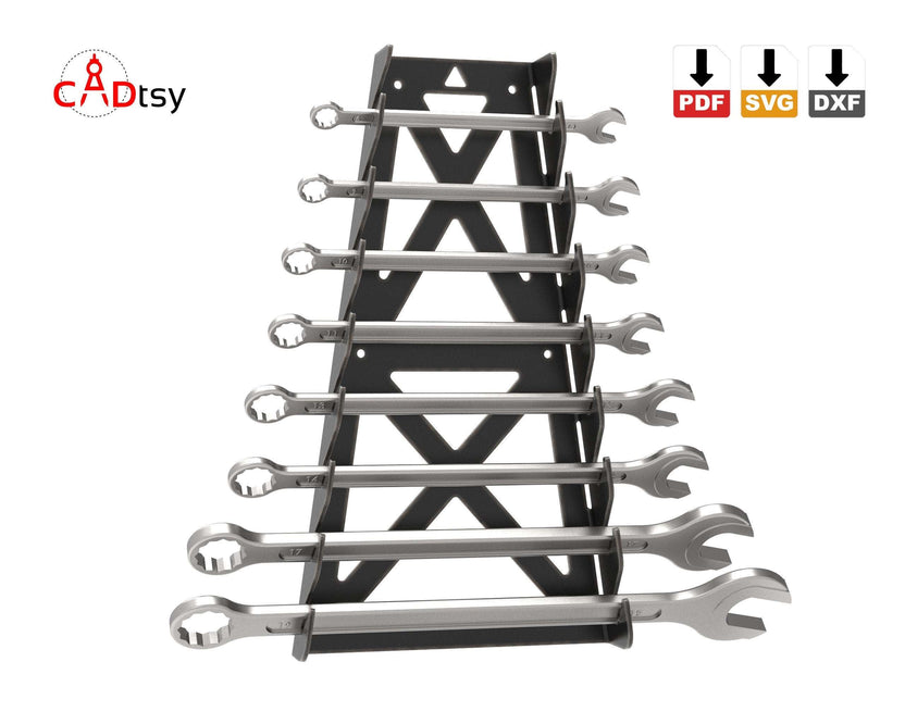 Black wrench holder filled with combination wrenches, elevated front view