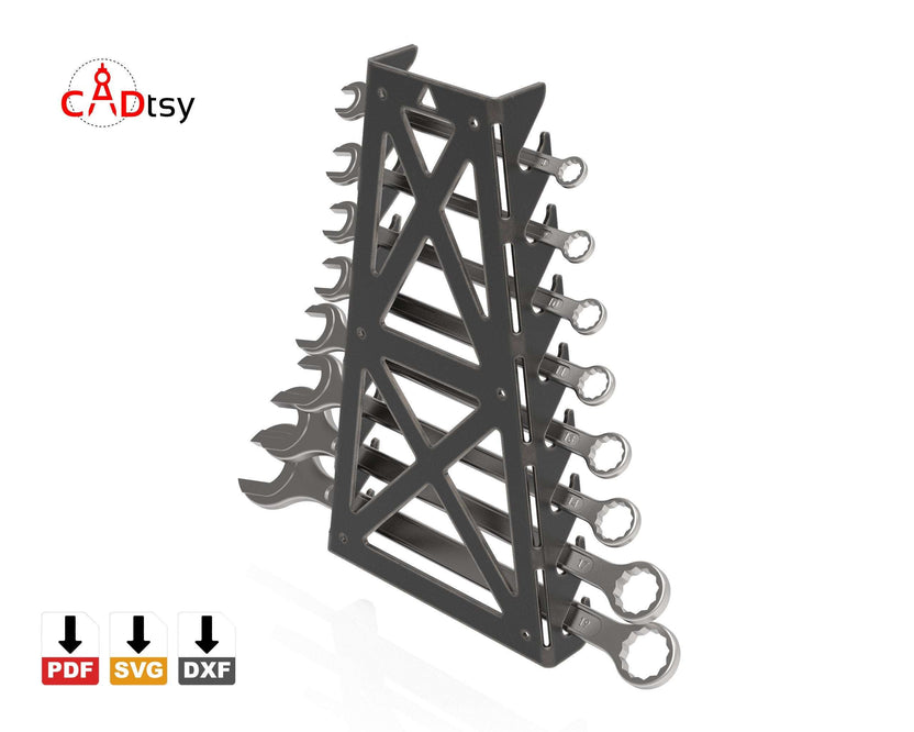 Wrench holder loaded with wrenches, right three-quarter view