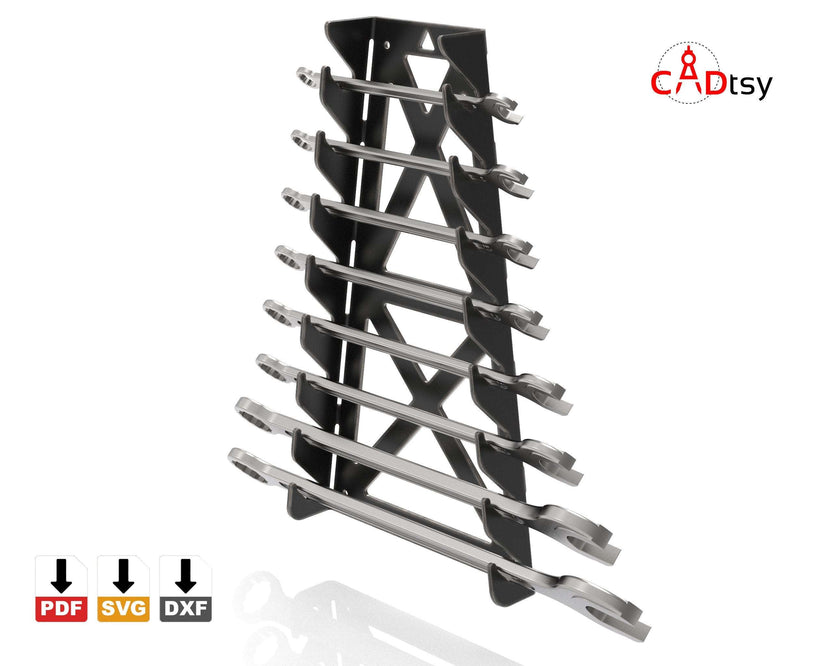 Loaded vertical wrench holder, left three-quarter view