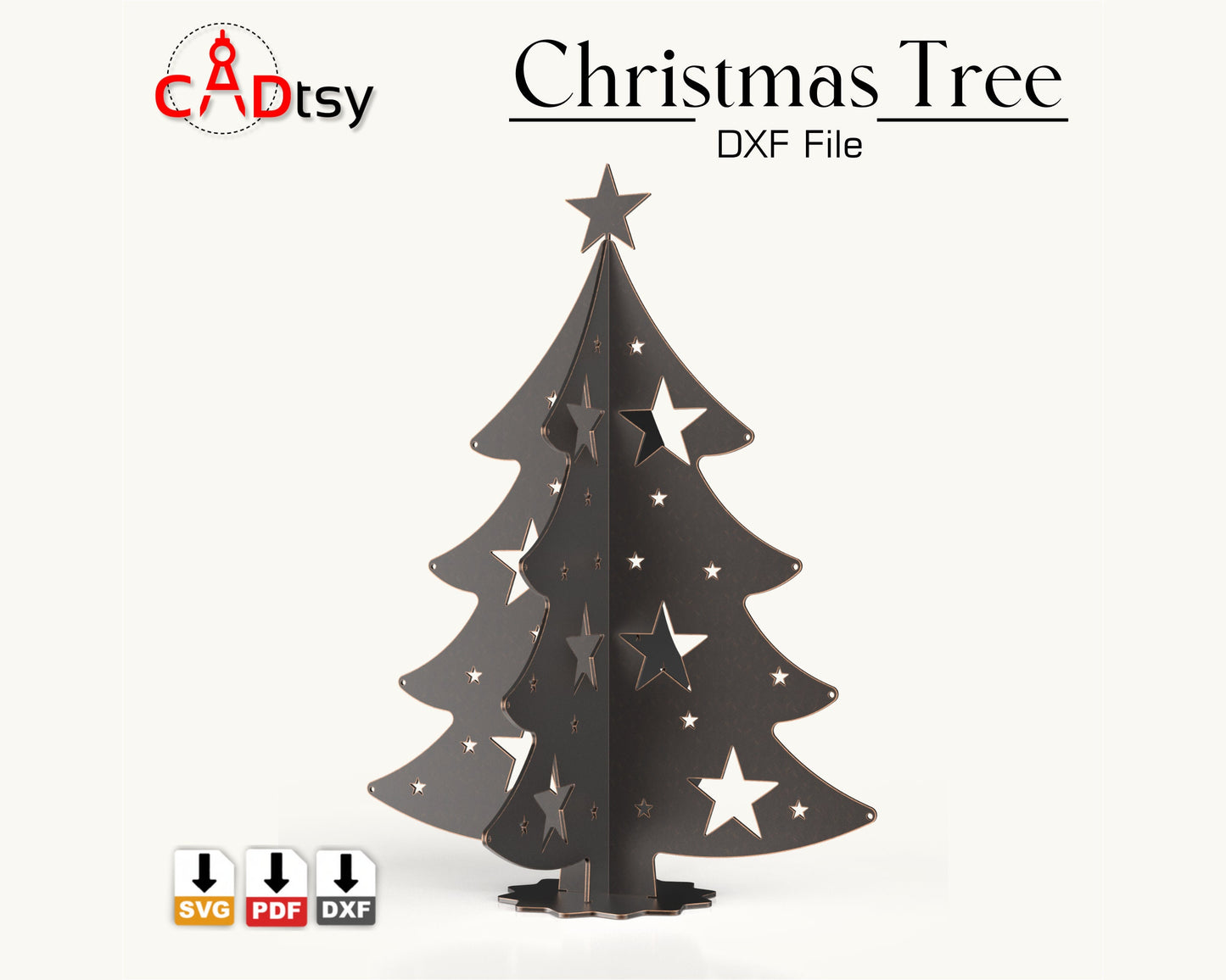 A large, 59-inch tall metal Christmas tree, made from a DXF file, shown decorated as a festive holiday display.