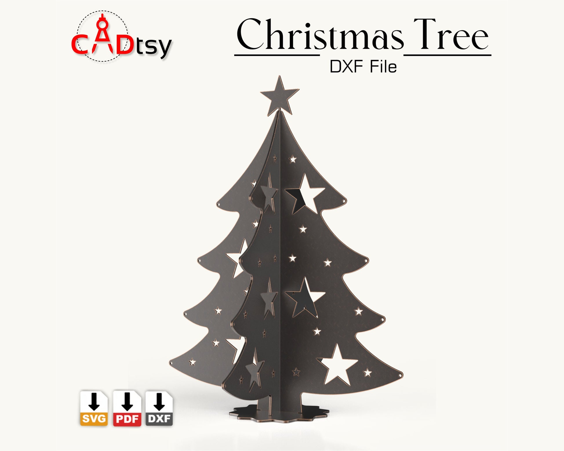A large, 59-inch tall metal Christmas tree, made from a DXF file, shown decorated as a festive holiday display.