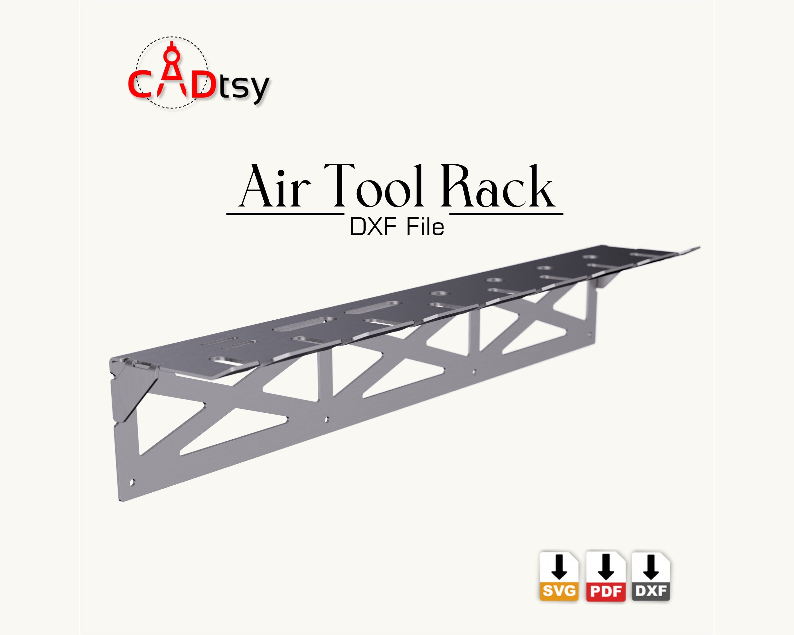An organized workshop wall featuring the plasma-cut air tool rack.