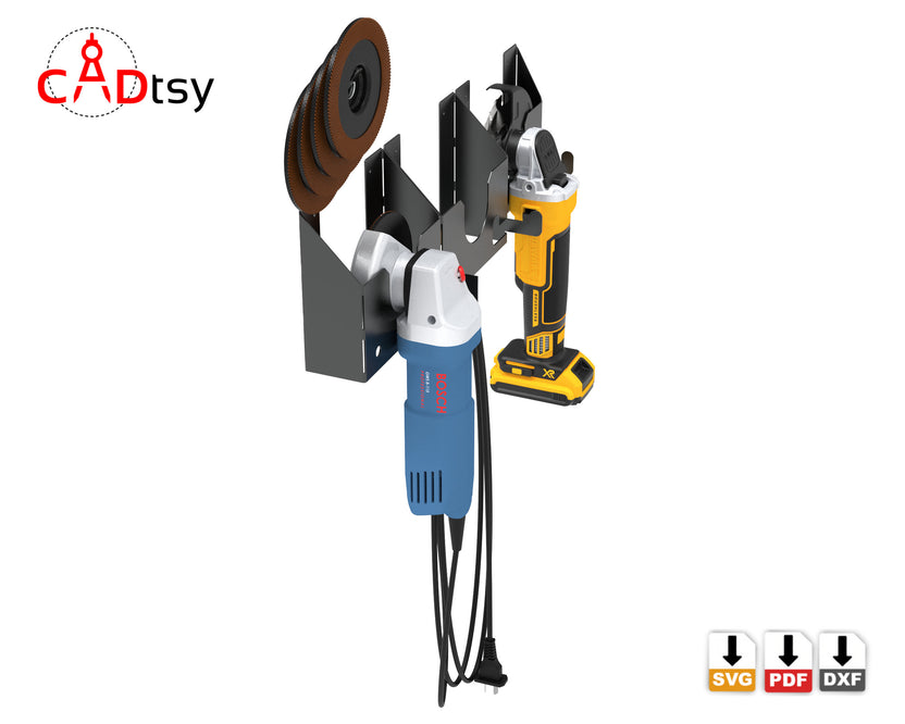 Angled view of angle grinder hanger with two grinders