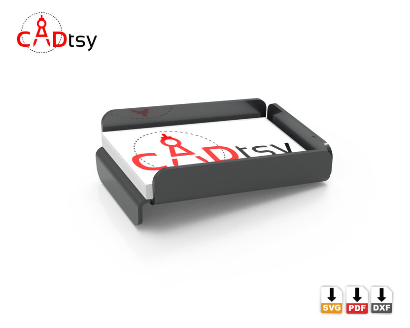 Black metal business card holder with CADtsy sample cards