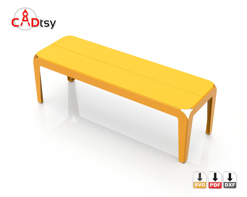 Long yellow metal bench shown from high side angle