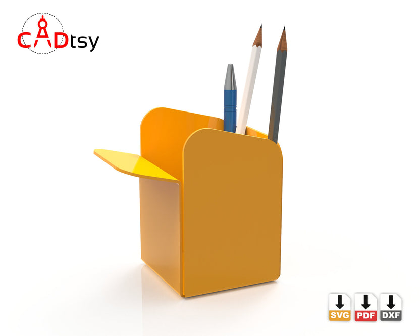 Orange metal pen holder with pencils and side note pocket