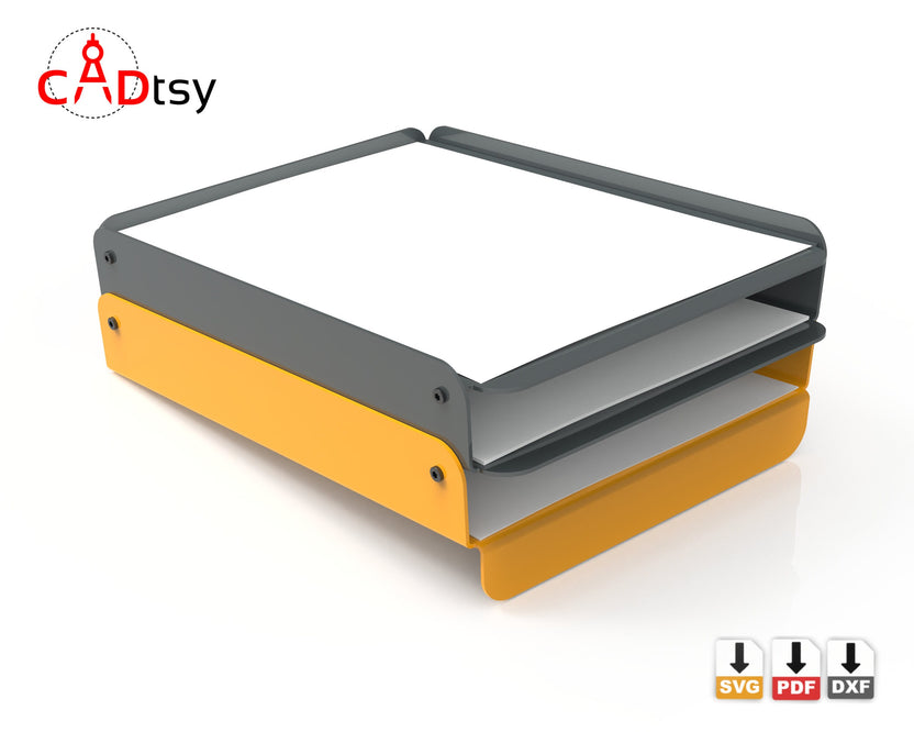 Stackable metal paper tray with gray top and orange lower tray