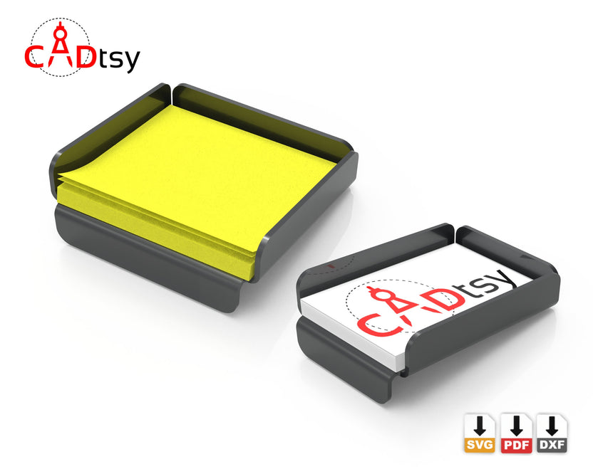 Sticky note tray and business card holder shown together