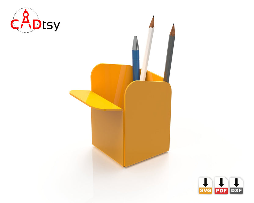 Orange pen holder with pencils and folded side pocket