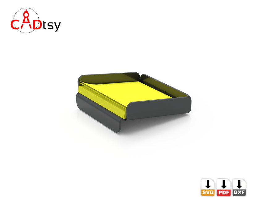 Black sticky note tray holding yellow notes