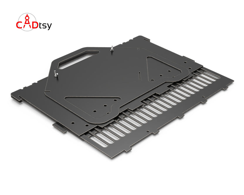 Collapsible fire pit folded flat with grill grate stacked underneath