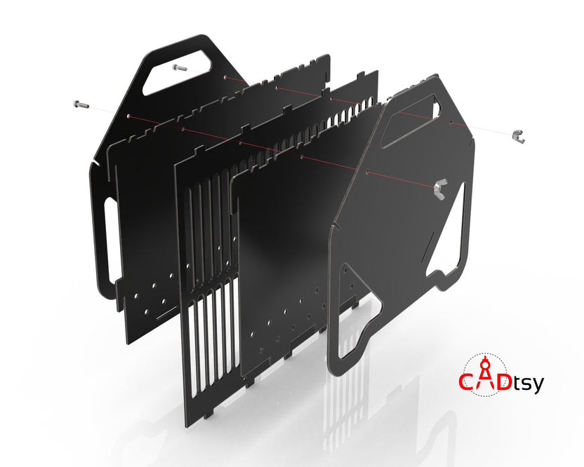 Exploded assembly view of the collapsible fire pit panels and grate