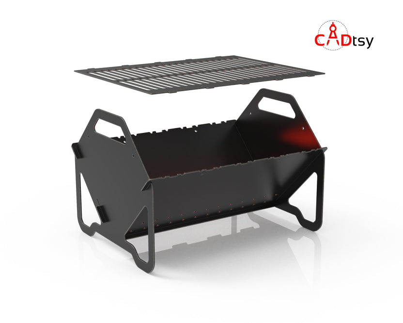 Collapsible fire pit with removable cooking grate raised above the body